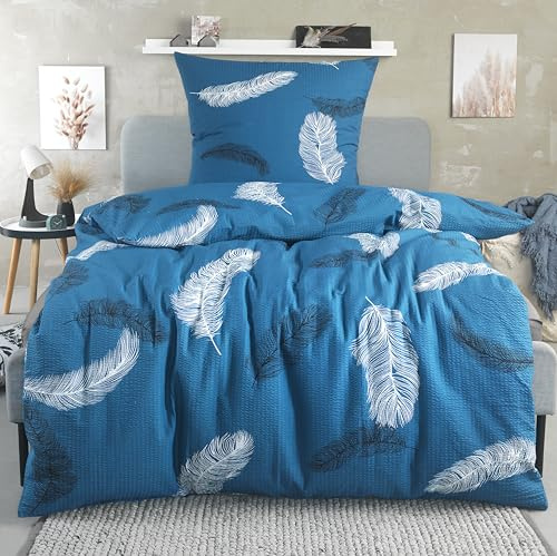 BaSaTex Seersucker Bettwäsche Set, 2-TLG., 135x200 cm, Federn Blau | Seersucker Baumwolle, Öko_Tex Zertifiziert, Bettgarnitur mit Struktur, Reißverschluss