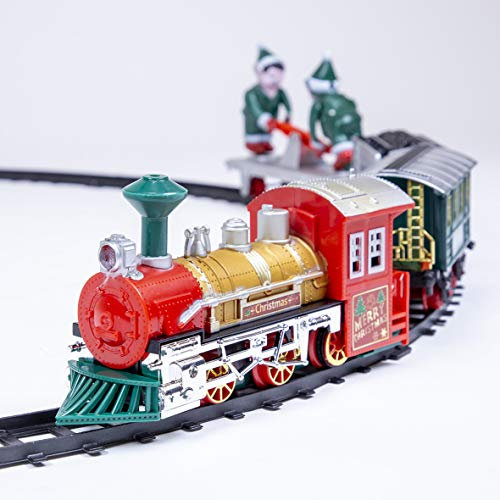 The Christmas Workshop Juegos de tren de Navidad, 4 diseños separados, sonidos realistas y luz, funciona con pilas (juego de tren de elfo animado)