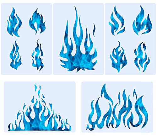 5 Bögen Flammen-Schablone Airbrush-Schablone für Feuer, wiederverwendbare Vorlagen, Malerei, Dekorvorlage für Kunst, Fenster, Wand, Handwerk, Malerei, Dekorationen (29 x 21 cm)