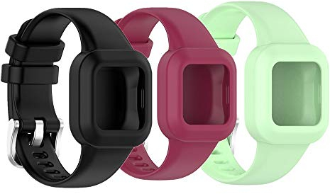 Huwokxix Silikonarmband für Garmin Fit JR 3/vivofit jr 3, Verstellbares Sportarmband, Ersatzband,Austauschband (Schwarz + offizielles Rot + Blaugrün)