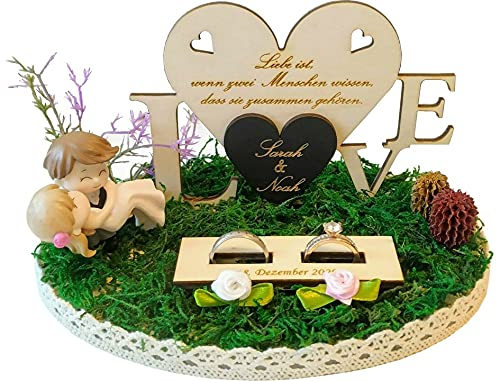 Ringhalter mit Namen Hochzeit Holz alternativ zu Ringkissen Herz für Eheringe Gravur Ehepaar personalisiert