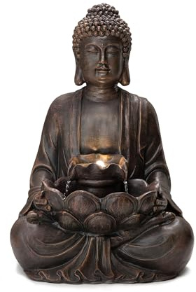 Glitzhome Zen Style Meditating Buddha Statue Fountain Polyresin Outdoor Decoration with Pump and LED Light, 28.25 H