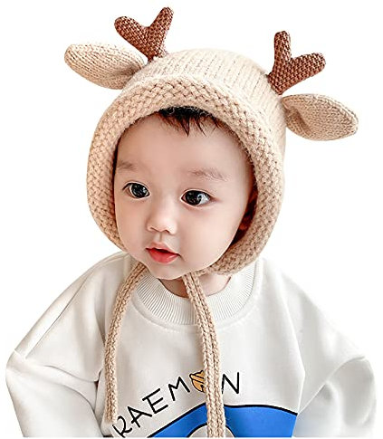 ROMIDA Baby Wintermütze Schal Schlupfmütze Warm Süßes Reh Wintermütze Schalmütze Strickmütze mit Bommel Fleecefutter Beanie Mütze Kinder Bommelmütze Schalmütze Strickmütze mit Pompom, Beige, 44-48cm