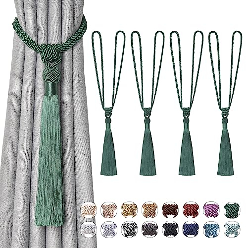 Pretty Jolly 4 Pack Long Tassel Curtain Tiebacks Handmade Braided Rope Knot Drape Tie Backs European Style Decorative Curtain Holdbacks for Home & Office Window Drapery (Green)