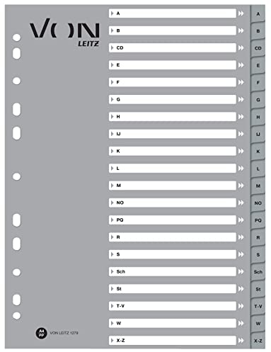 VON Leitz 10er Pack Alphabet-Register A-Z DIN A4, Karton mit PP-Taben, 11-Loch-Universalregister für Ordner, Schnellhefter & Ringbücher, Für Schule, Studium & Zuhause, Grau, 12790085