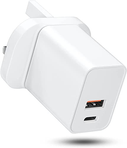 Peak Power 20W USB C and A Wall Plug Fast Charger, Suitable for Most Mobile Phones and Tablets, Dual Ports Type C & A UK Power Adapter for Apple iPhone/Google Pixel/iPad/Airpods etc