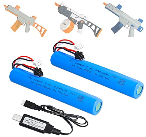 BTEDZSW Lot de 2 batteries 7,4 V 2000 mAh pour pistolet à bille SRB1200 400 400-SUB Airsoft ou pistolet à eau avec câble de charge USB, batterie au lithium rechargeable SM2P XH-3