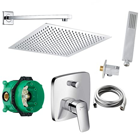 vanvilla Duschsystem mit Unterputz Duscharmatur von Hansgrohe Logis und vanvilla Regendusche mit Armatur, Duschkopf XL, Dusch-SET HG01-XL poliert