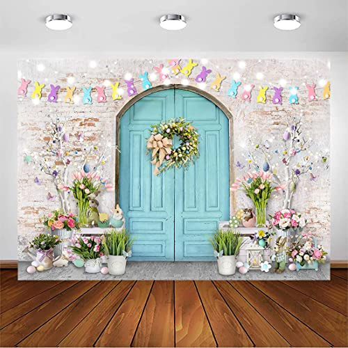 Avezano Easter Backdrop Blue Wooden Doors Brick Wall Bunny Rabbit Spring Photography Backdrops Easter Day Party Decorations Easter Photo Background Photo Studio Props (8x6ft)