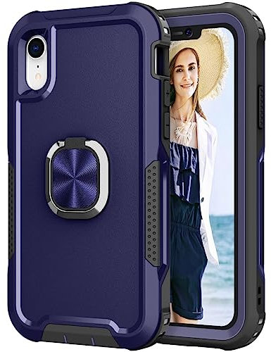 iPhone XR Case Shockproof iPhone XR Phone Case with Ring Military Grade Full Protective TPU Bumper Hard PC Back Cover Built-in Magnetic Kickstand Car Mount Case, Navy Blue