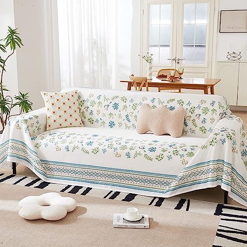 Homxi Sofahusse Zweisitzer,180x180CM,Couch Überzug Blatt Druck Sofabezug Eisseide Handtuch Sofa Weiß Blau Grün Sofahusse Universal