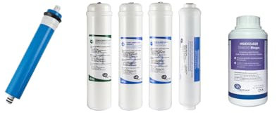 Membrana 50, 75 y 100 GPD + Pack 3 Filtro ósmosis + Postfiltro Remineralizante + Higienizador. Pack compuesto por 1 de Sedimentos, 1 de Carbón GAC y de Carbón Block. Bbagua.