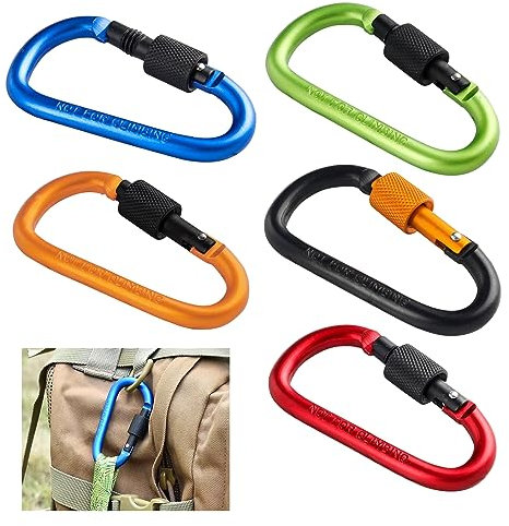 MFCGHXR 5 PCS 8cm D Shape with Locking Screw Nuts, Spring-loaded Gate Carabiner Clips, Small Carabiner, D Shape Keychain Clips, for Key Chain Camping Fishing Hiking Travelling Backpack(5 Colors)