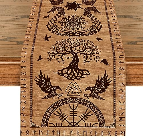 Artoid Mode Holz Wikinger Baum des Lebens Rabe Helm der Ehrfurcht Tischläufer, Saisonnal Tisch Dekoration Drinnen Urlaub Party Dekor 40x240 cm