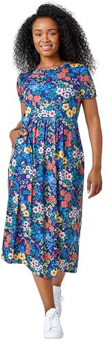 Roman Originals Midi Dress with Pockets for Women UK Ladies Stretchy Jersey Maxi Long Short Sleeve Elasticated Gathered High Waist Boho Flattering Skater Swing Fit Flare - Petite Navy Multi - Size 18