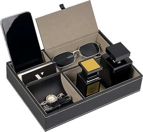 HomeGadget Organizador de mesita de noche - con 5 compartimentos individuales - para accesorios como joyas, relojes, llaves - bandeja de imitación de cuero - Negro