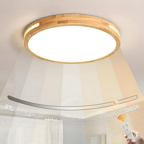 WayLuoung Holz-LED-Deckenleuchte | Ø40cm 3000-6000K 30W | Runde Natürliche Holz-Deckenleuchte Kunst-Hohl-Design Schlafzimmer Wohnzimmer Kinderzimmer Küche, Esszimmer Zuhause(Dimmbar Mit Fernbedienung)