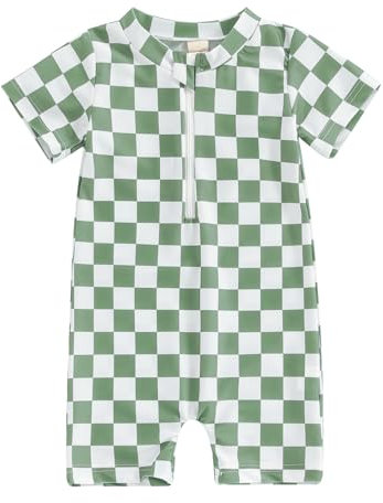 HZPHQY Infant Baby Boys Swimming Costume One Piece Short Sleeve Swimwear Toddler Boy Checkerboard Print Rash Guard Zip Up Swimsuit 6-12 Months