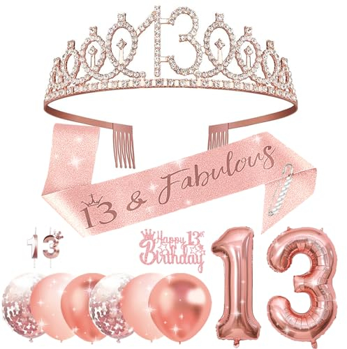 13 Geburtstag Mädchen,13. Geburtstag Schultergurt Krone Kerze Tortendeko und Luftballons,Geschenk Mädchen 13 Jahre,Teenager Mädchen Geschenke,Rosegold Geburtstagsdeko Mädchen