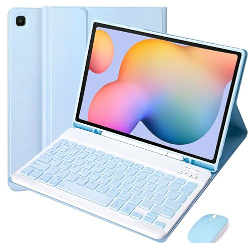 VLEAQC Funda de Teclado con ratón para Samsung Galaxy Tab S6 Lite 10,4 Pulgadas 2022/2020 (SM-P610/P613/P615/P619), Teclado retroiluminado Bluetooth Desmontable, con Soporte para bolígrafo,Azul
