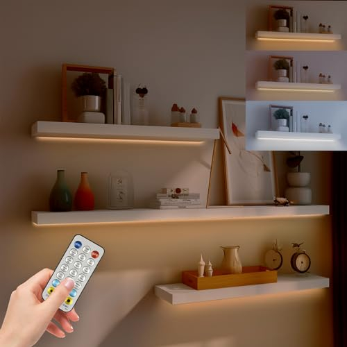 StarryEver 4 Stück LED Streifen Batterie, 50cm 15LED kabellose LED Strip Lights mit Fernbedienung, Selbstklebende Lichtleisten, Dimmbar, 3 Farbe und 12 Modi für Regale, Schubladen, Garderoben, Flure