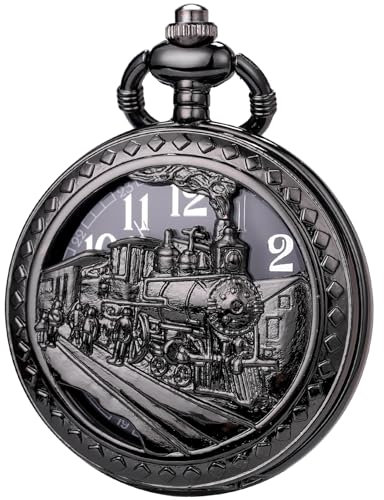 SIBOSUN Taschenuhr und Kette für Herren, Steampunk, Vintage, Quarz, Taschenuhren mit Kette, schwarzes Gehäuse, Lokomotiven-Taschenuhr, Antik
