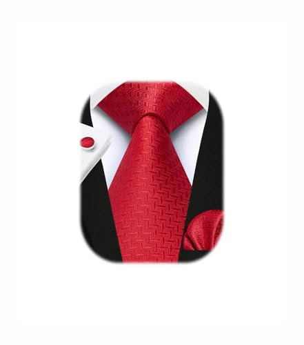 Enlision Krawatte Rot Hochzeit Krawatten für Herren Krawatte mit Einstecktuch und Manschettenknöpfe Set Seide Schlips Herren Elegant Business