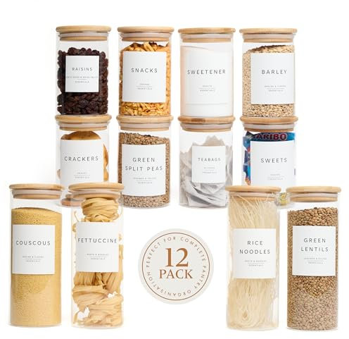 Livabl Glass Storage Containers with Lids – Set of 12 (8 x 600ml & 4 x 1000ml) Glass Jars with Bamboo Lids & 420 Pre-Printed Pantry Labels – Kitchen Storage Containers for Organising Pantry Essentials