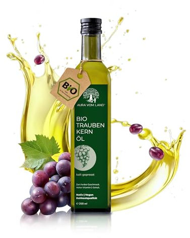 Aura vom Land Bio Premium Traubenkernöl Kaltgepresst 100ml – Vegan & Reich an Omega 6, Vitamin E – Hochwertiges Speiseöl auch als Haaröl/Körperöl – Bio Oil Grapeseed Oil Made in Germany