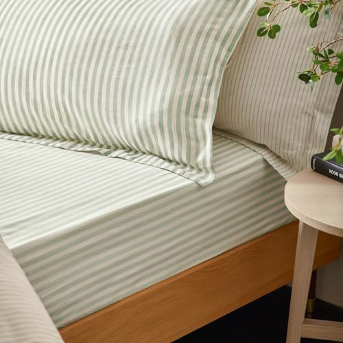 Yard Hebden Midi Stripe Fitted Sheet (Eucalyptus, Double) | 100% cotton fitted sheet with a soft striped design and breathable comfort