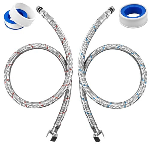Lot de 2 tuyaux flexibles G3/8 x M10, raccord avec bande d'étanchéité, en acier inoxydable tressé, tuyau de raccordement blindé flexible, rallonge pour robinet mitigeur