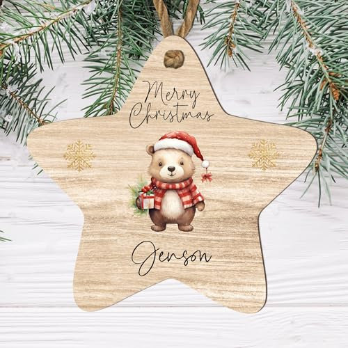 Personalised Merry Christmas Bear Star Bauble - Custom Name Keepsake Ornament - Cute Christmas Tree Decoration for Kids and Adults, (Beige, Mdf Wood Indoor Use Only)