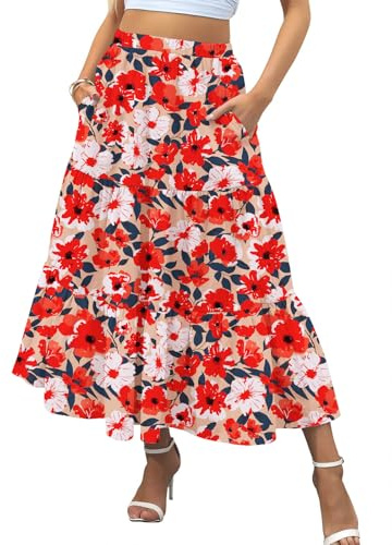 Zeagoo Womens Skirts Midi Skirt High Waist A-Line Skirts Floral Red M