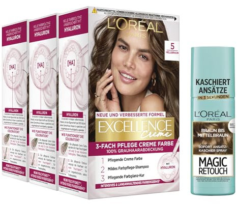 L'Oréal Paris Haarfärbe- und Ansatz-Kaschierset, 3x Permanente Haarfarbe Excellence Creme, Nr. 5 Hellbraun und 1x Ansatz-Kaschierspray Magic Retouch, Braun-Mittelbraun, [Amazon Exclusive Set], 4-tlg