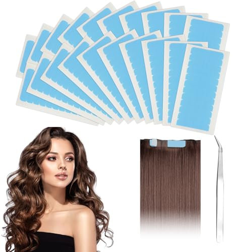 ZOCONE 240 Pièces Bande adhésive d'Extension de Cheveux, Ruban Adhésif double face de Remplacement, Pour Perruques Extensions Cheveux Bandes Adhésives invisibles Avec Pince à épiler (Bleu)
