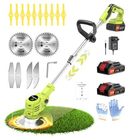 21V Coupe Bordure sans Fil avec Batterie Wrneaoch Debroussailleuse Electrique sans Fil avec Moteur de 6 000 TR/Min et 650W Debrouissalleuses Batterie avec 2 Batteries de 2,0 Ah, Efficace et Facile