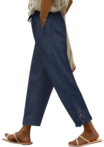 UMIPUBO Womens Trousers Summer 7/8 Length Cotton Lightweight Trousers Ladies Elasticated Waist Pants Beach Bottoms Trousers Ankle Tapered Casual Drawstring Work Holiday (Navy, M)