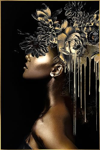 STYLER Glasbild Yowita 80 x 120 cm I Wandbild Glas modern für Wohnzimmer Schlafzimmer Büro Flur | Frauenportrait mit goldenen Blumen und Rahmen | hochwertige Wanddeko Made in Europe