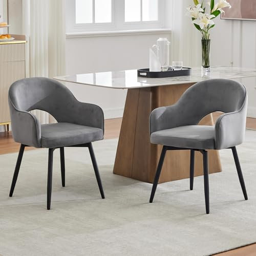 Ya-Home Sillas Comedor de Terciopelo Juego 2 Sillas de Cocina Giratorias con Patas Negras,Sillas de Salón con Reposabrazos Sillas de Cenar Modernas para Hogar/Restaurante,Gris
