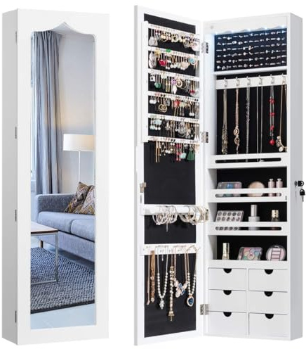 RELAX4LIFE Armadietto per Gioielli con 5 Luci LED, Armadio Portagioielli per Orecchini, Cosmetici e Bracciali, Montaggio a Porta e a Parete, 37x11,5x120cm (Bianco)
