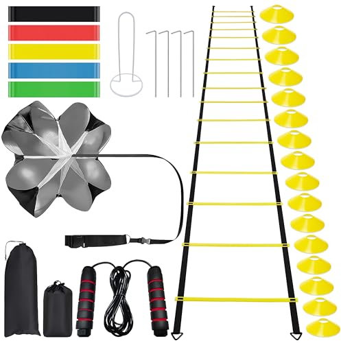 Fußball Trainingszubehör Schnelligkeitstraining Set, 8m Agility-Leiter (16 Sprossen), 16 Hütchen, 5 Widerstandsbänder, Springseil, Widerstandsfallschirm, Fussball Trainingsset für Koordinationsübungen
