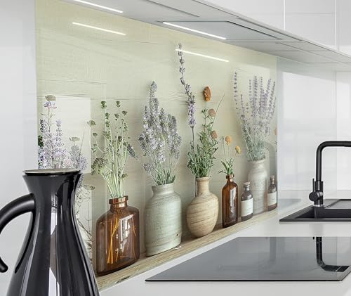 timalo Spritzschutz Wand für Herd, Küche Küchenrückwand Glasoptik | Acryl Glas 2mm | Glasrückwand Acrylglas Wandpaneele Rückwandschutz Platte | 240x58cm Vintage Trockenblumen Gewürze Lavendel