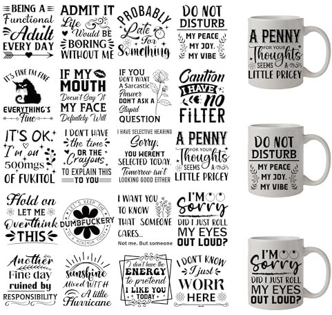 Funny Rub On Transfer Sticker - 20 Sheets Sarcastic UV DTF Cup Sticker, Humorous Sarcastic Quotes Waterproof Transfer Cup Wraps for 16 Oz Glass for Vase Glass Art Crafts Decorations