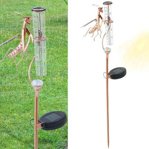 Gatphy Regenmesser mit Erdspieß 61CM Metallmantis Regenmesser für Garten Solar Digital Dekorative Garten Regenmesswerkzeug für Gärten Rasen