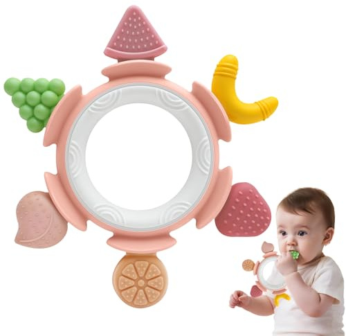 Massaggiagengive Ciuccio per Frutta Neonati Silicone 0 3 6 Mesi, Massaggia Gengive Giochi Neonato Educativo, Dentizione Gioco Sensoriale Bambina bambino 1 Anno Regalo Natale Epifania Compleanno, Rosa