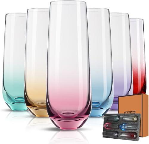 GLAZVIA Stemless Champagne Flutes Glasses Set of 6-10oz Multi Colored Glass | Unique Colorful Champagne Flute Gift for Wedding, Anniversaries, Parties, Birthday, Restaurant, Home Bar