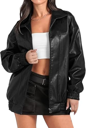 Chaqueta de cuero de gran tamaño para mujer, chaqueta motociclista informal, chaquetas bomber gran tamaño, conjuntos cuero sintético con cremallera