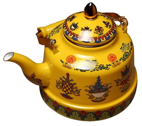Artibetter Enamel Teapot 1.7l Yellow Small Kitchen Teakettle Water Boiling Pot with Ceramic Handle Household Stovetop Kettle for Traditional Butter Tea Serving