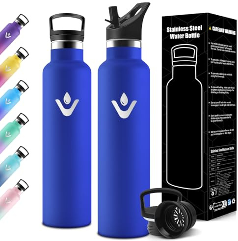 Motswedi Gourde Isotherme 1l, avec Paille, Bouteille Isotherme, Anti-Fuite, Thermos, Poignée de Transport, Gourde Inox, Réutilisable, Thermos 1l pour Voyage, Camping, Sport, Bleu Royal