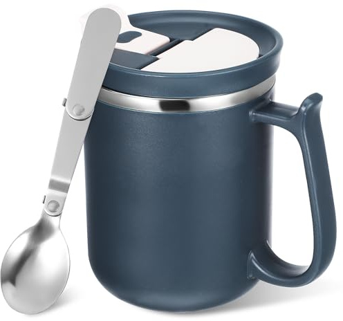 Générique Tasse à Café Isotherme 450ml avec Couvercle Multifonction, Infuseur à Thé Intégré, Cuillère Pliante Incluse, Intérieur Inox 304, Plastique PC Bleu Denim, Mug Portable pour Bureau